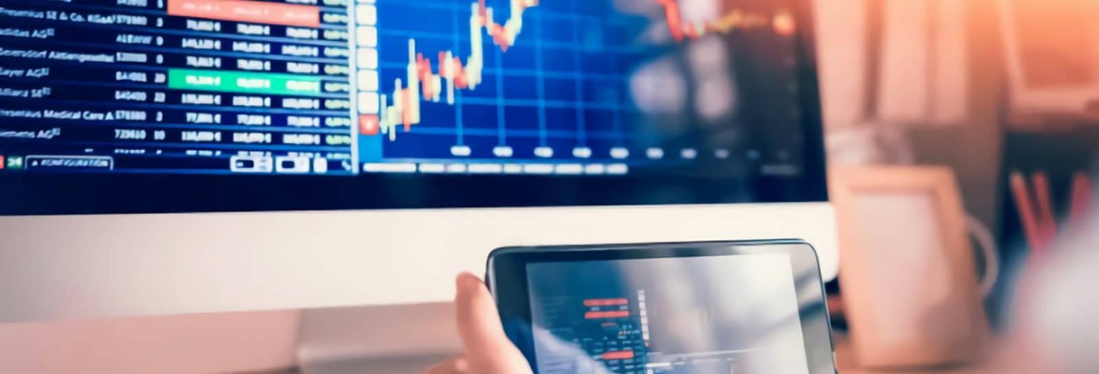 Woman Looking at Stocks on Computer and Tablet